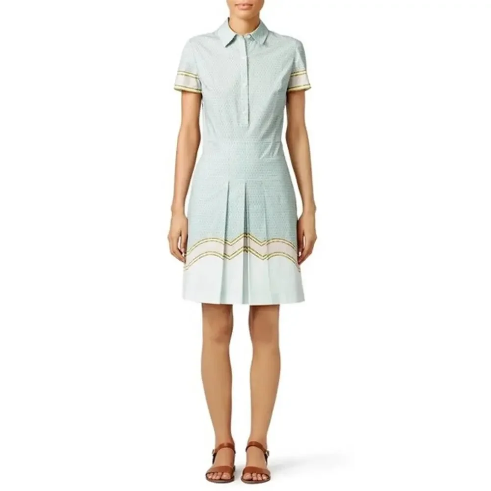 Tory Burch Emmy Green Printed Cotton Short Sleeve Pleated Shirt Dress Size 0‎